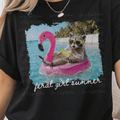 Feral Girl Summer with Racoon in Flamingo Float White Font Distressed
