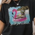 Feral Girl Summer with Racoon in Flamingo Float White Font Distressed