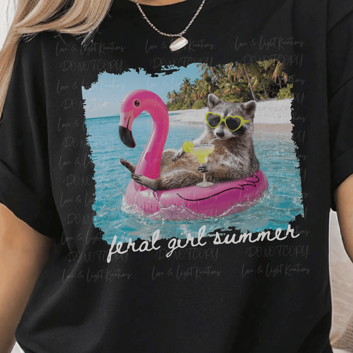 Feral Girl Summer with Racoon in Flamingo Float White Font Distressed
