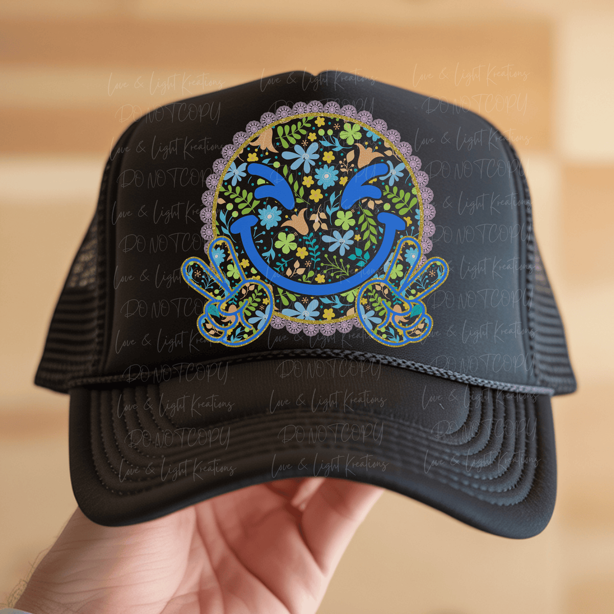 Floral Blue Peace Sign Smiley Face
