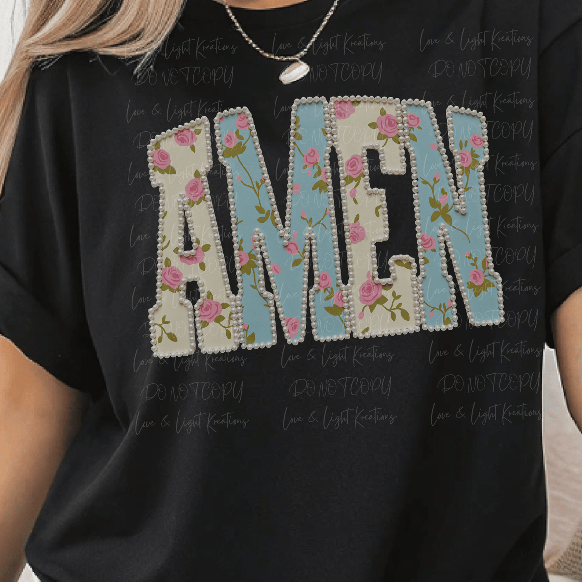 Floral Cream and Blue Amen with Pearl Border