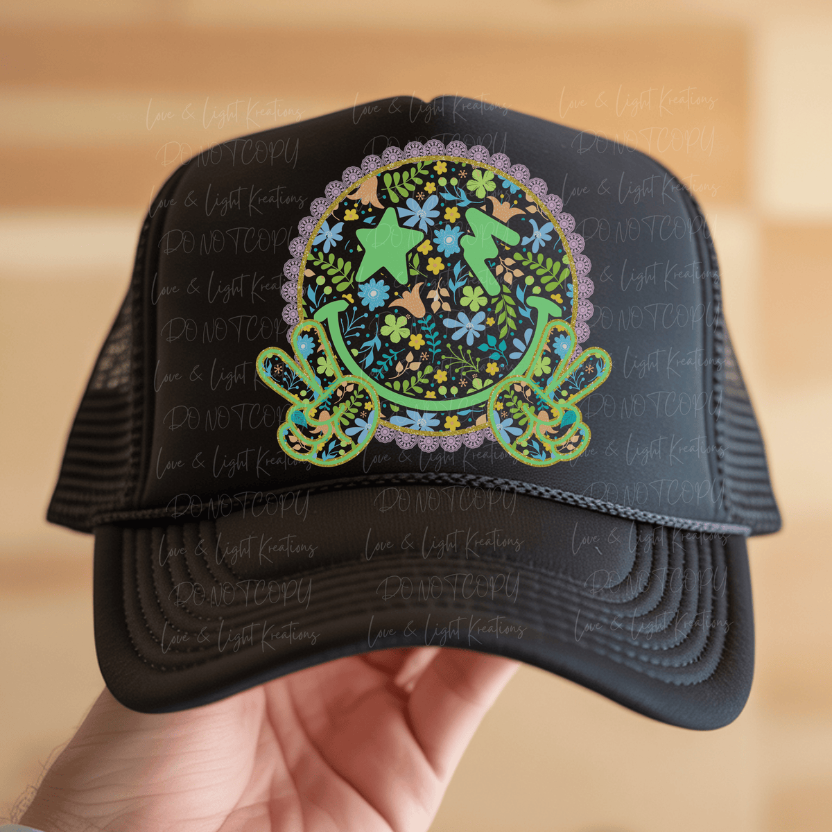 Floral Green Peace Sign Smiley Face