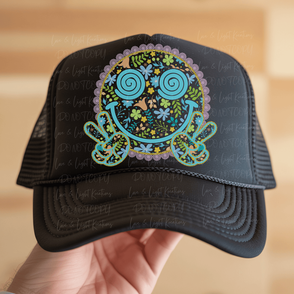 Floral Light Blue Peace Sign Smiley Face