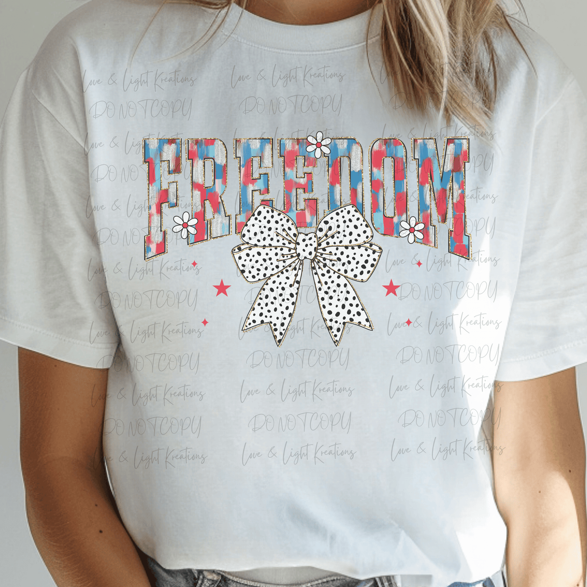 Freedom with Red, White and Blue Paintstrokes with Faux Glitter Outline and Bow