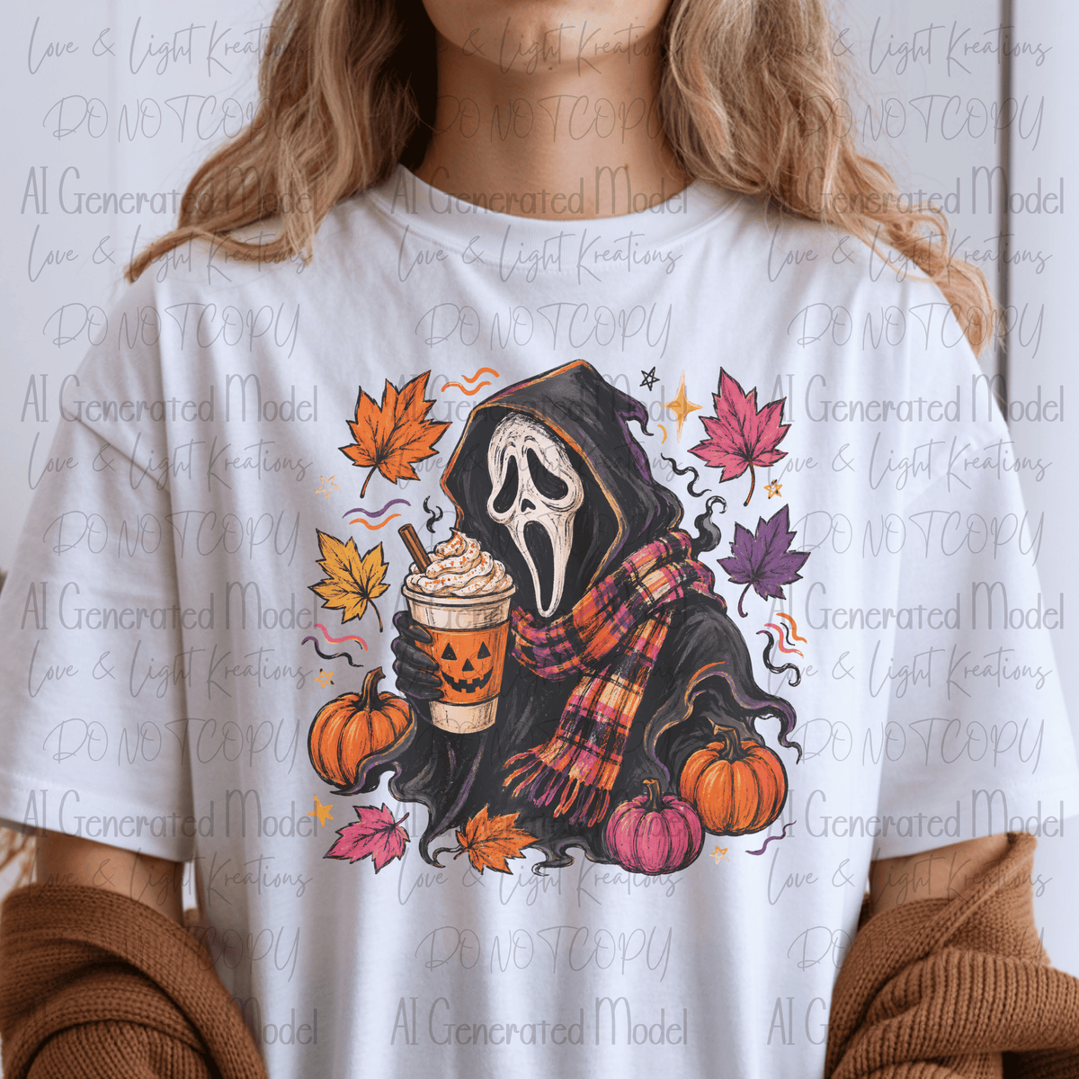Ghost with Pumpkin Latte Colorful Leaves and Pumpkins