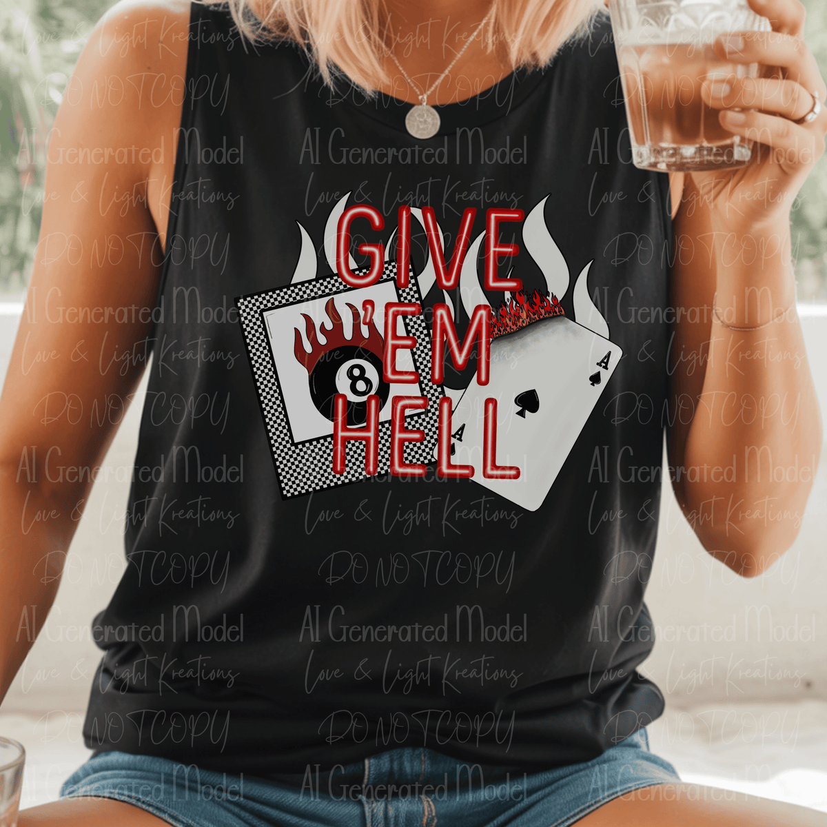 Give'Em Hell Edgy Western Eight Ball and Card on Fire