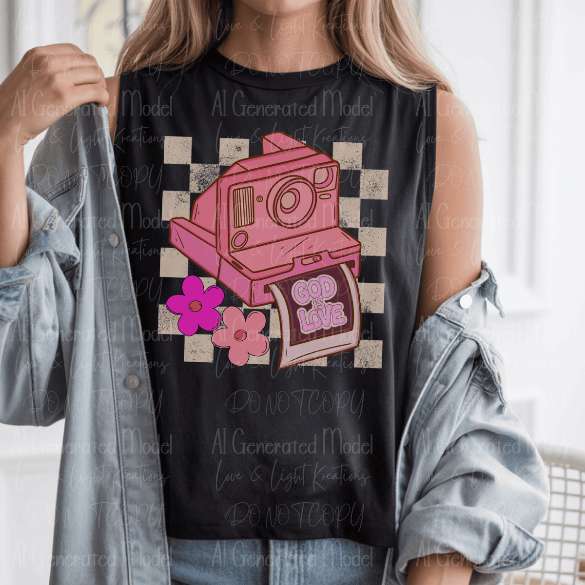 God is Love Pink Instant Camera Distressed Checker