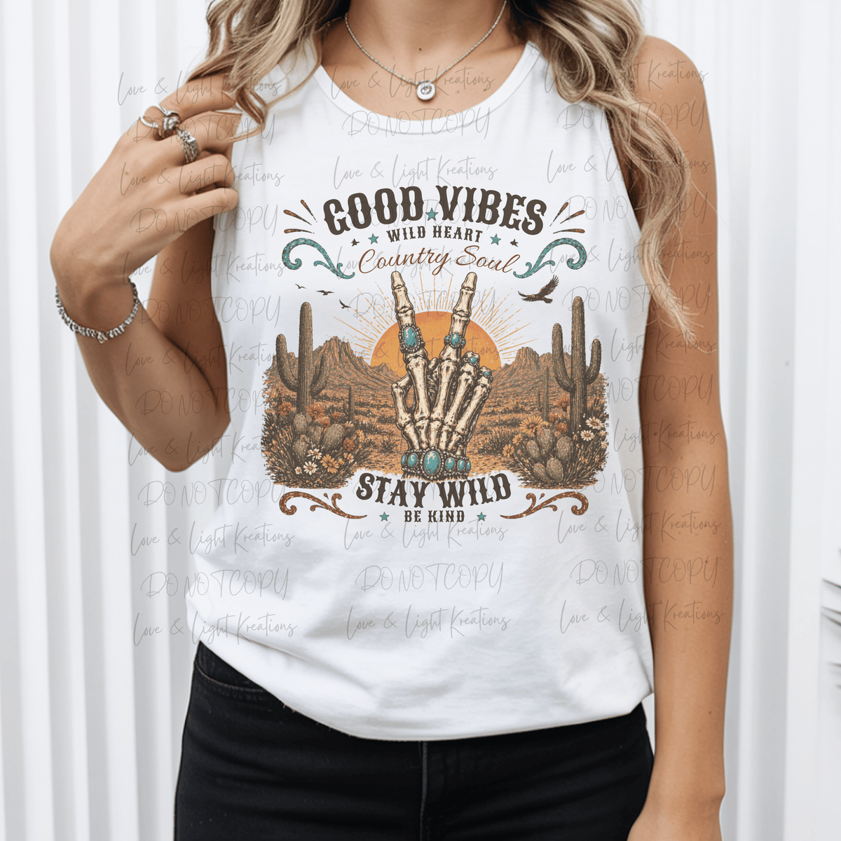 Good Vibes Wild Heart Country Soul Stay Wild Be Kind Western Skeleton with Teal Jewlery