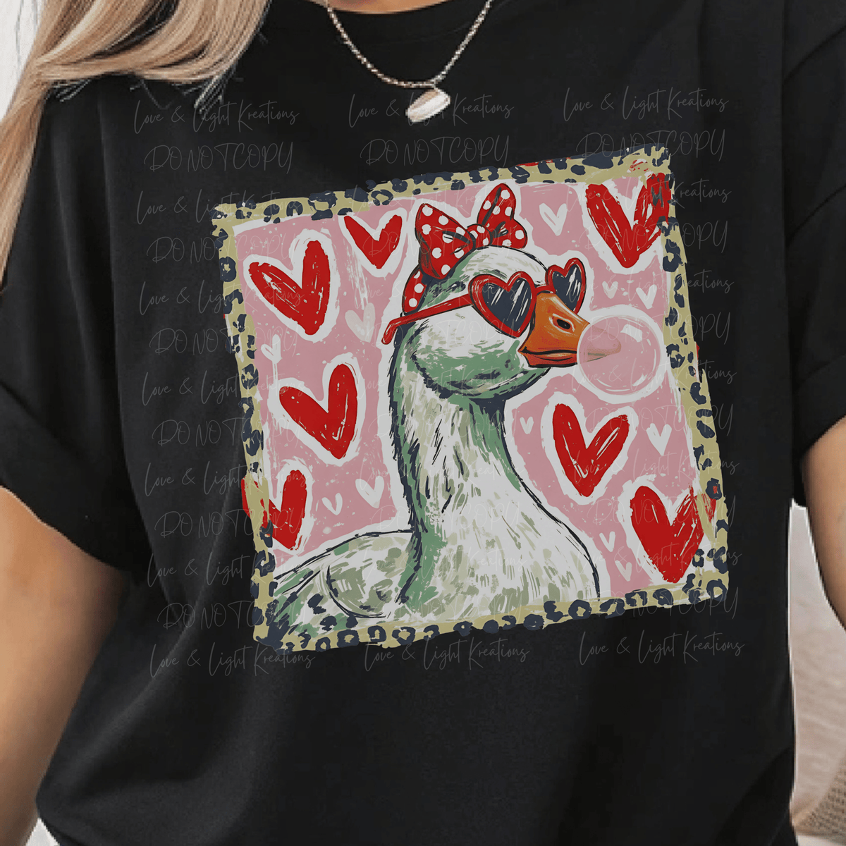 Goose Blowing Bubblegum with Hearts and Leopard Print