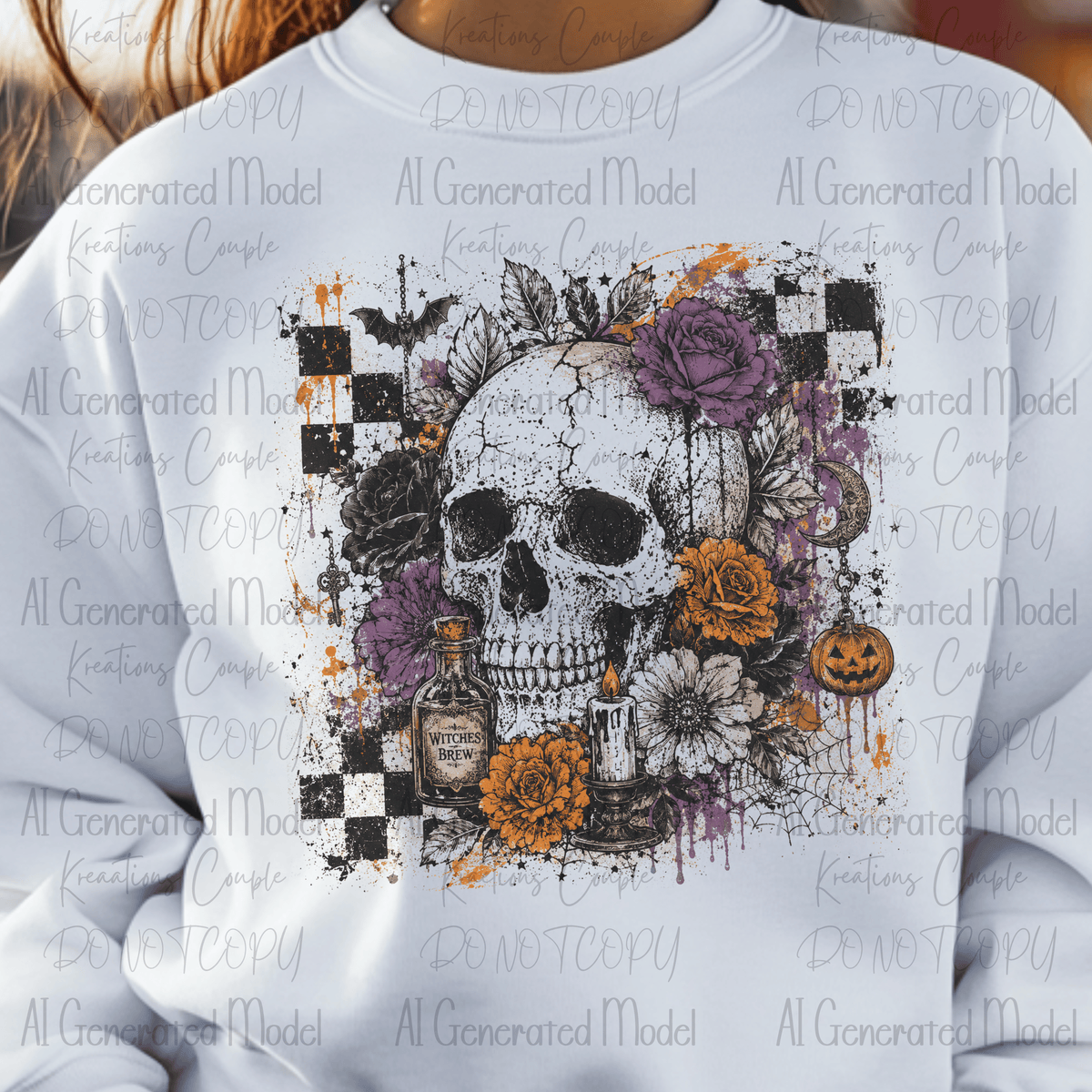 Halloween Skeleton with Flowers and Checkerboard