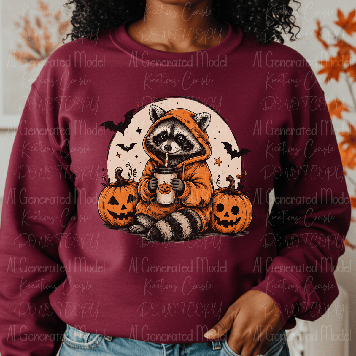 Halloween Trash Panda in Hoodie with Coffee