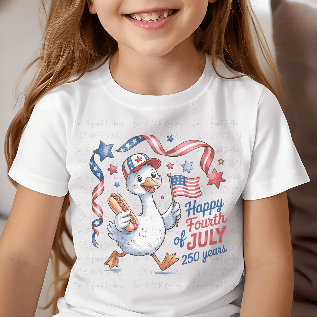 Happy 4th of July 250 Yeas Goose holding a Flag and Hot Dog