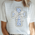 He is Risen Easter Blue Floral Cross with Polka Dot Bow