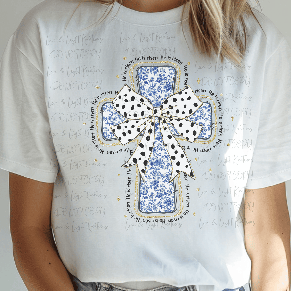 He is Risen Easter Blue Floral Cross with Polka Dot Bow