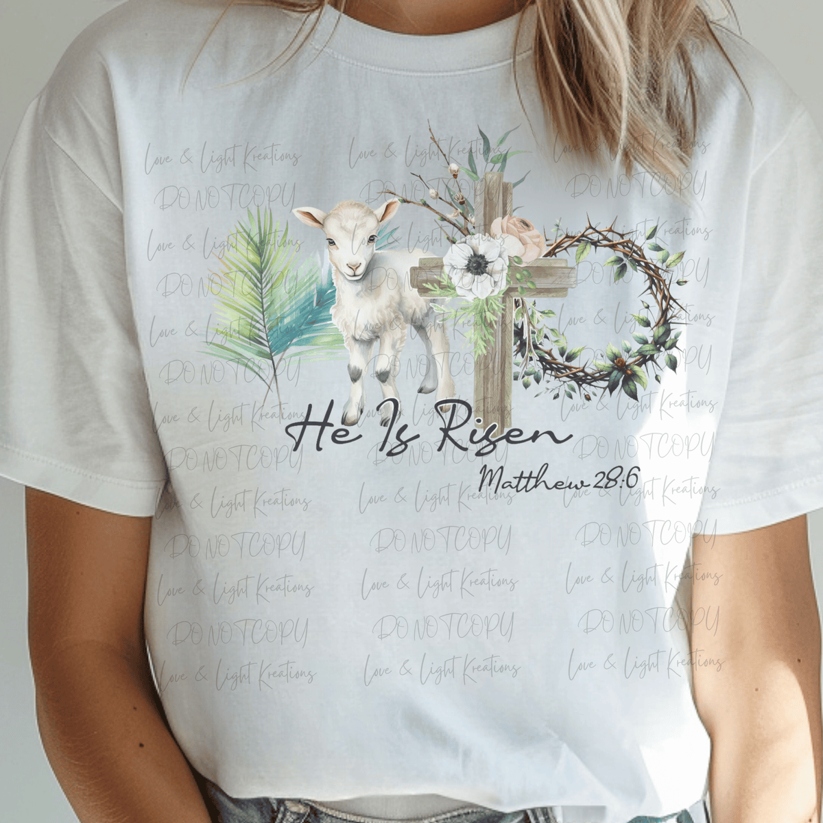 He is Risen with Palm Branch, Lamb, Cross and Crown of Thorns