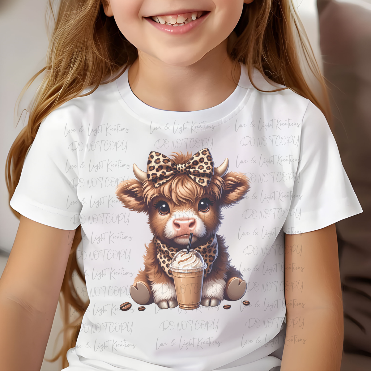 Highland Cow with Leopard Print Bow and Coffee