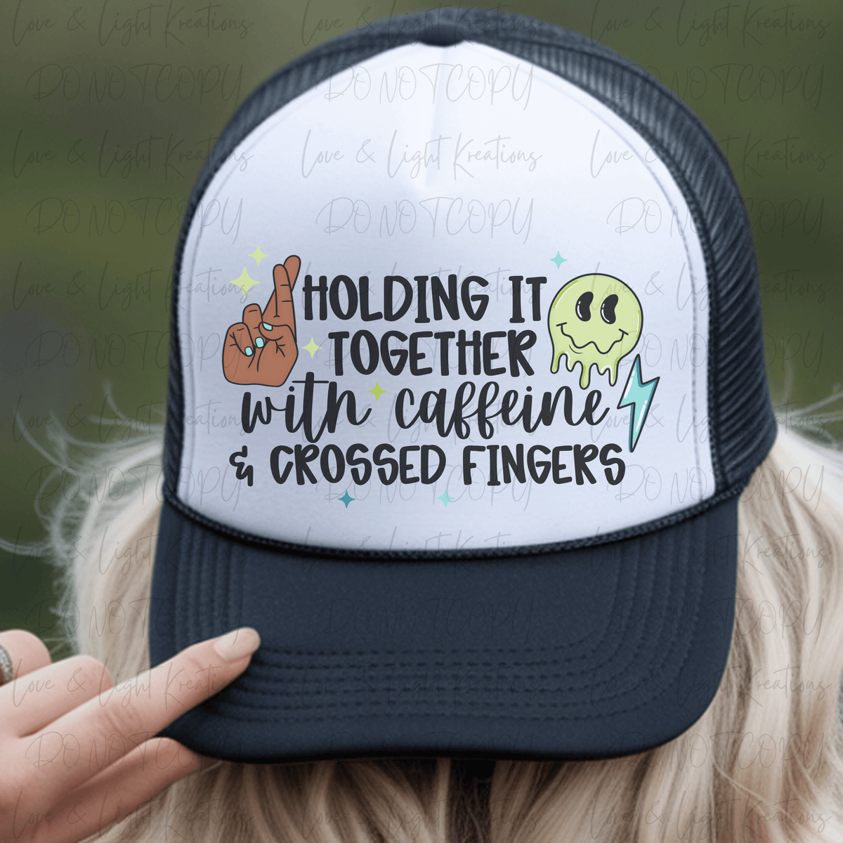 Holding It Together with Caffeine and Crossed Fingers with Melting Smiley and Brown Crossed Fingers Black Font