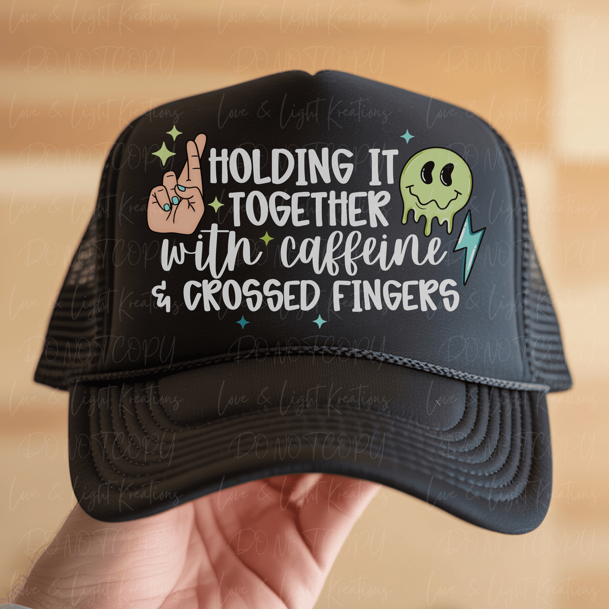 Holding It Together with Caffeine and Crossed Fingers with Melting Smiley and White Crossed Fingers White Font