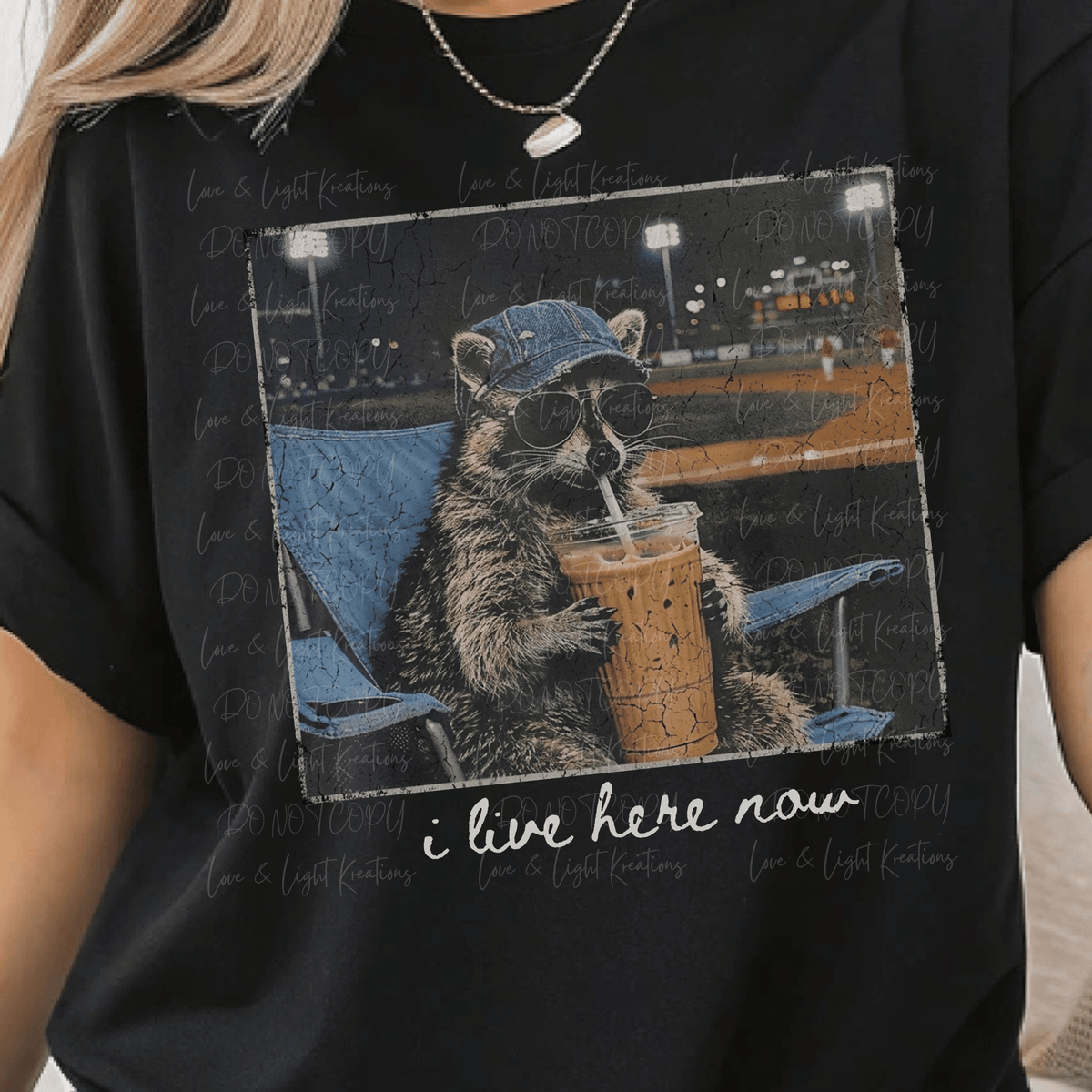 I Live Here Now with Racoon Drinking Iced Coffee