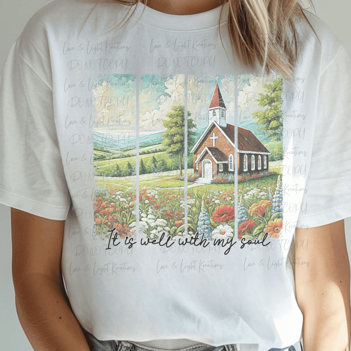 It is Well with My Soul Paint Stroke Spring Church Scene with Flowers on a Sunny Day