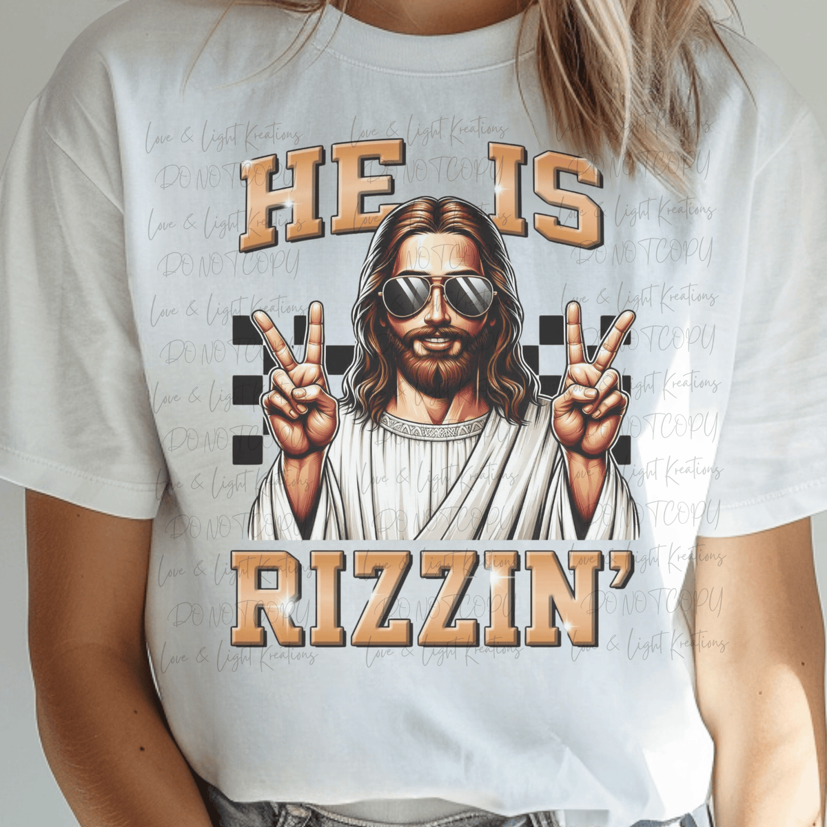Jesus He is Rizzin' with Checkered and Peace Signs