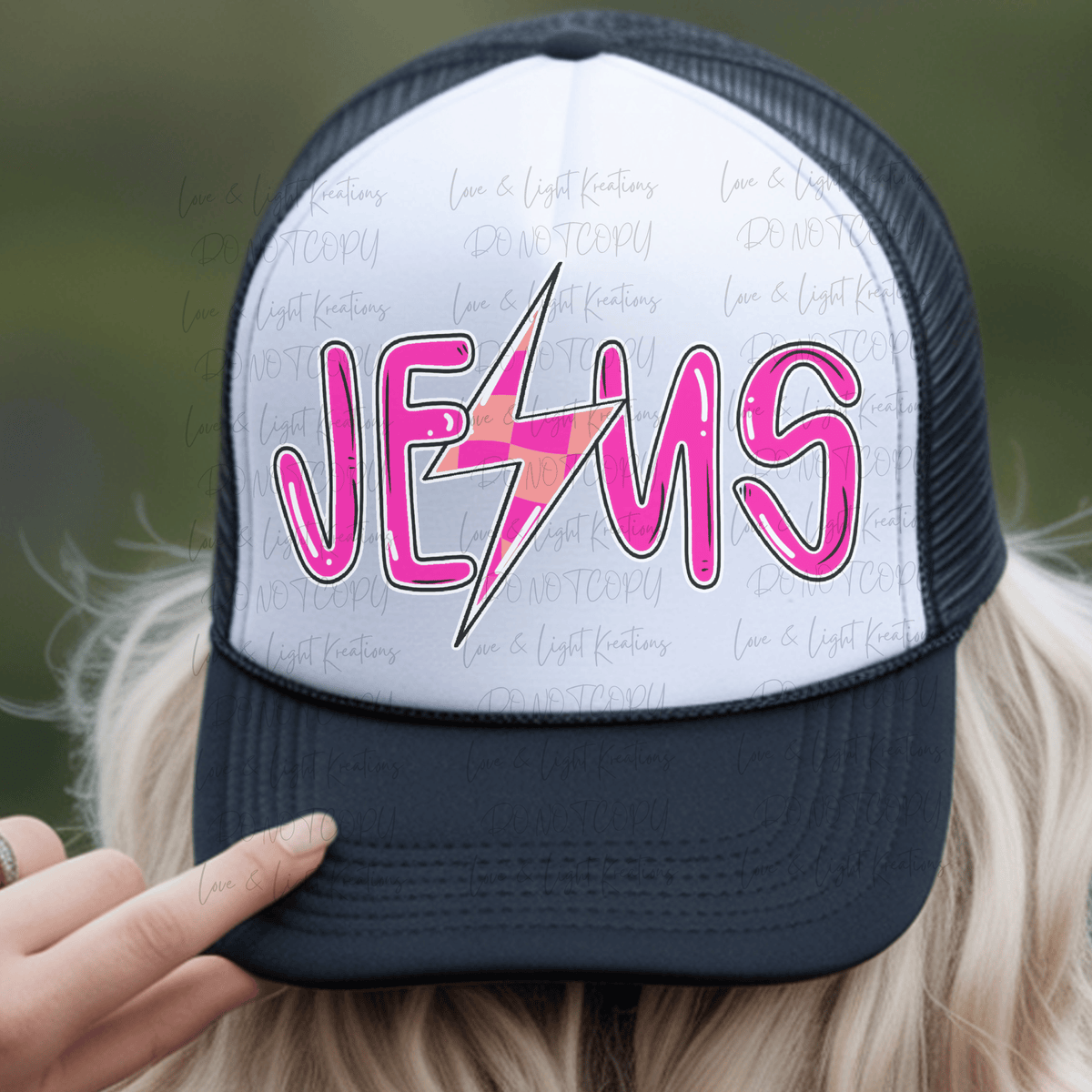 Jesus with Pink and Orange Checkered Lightening Bolt