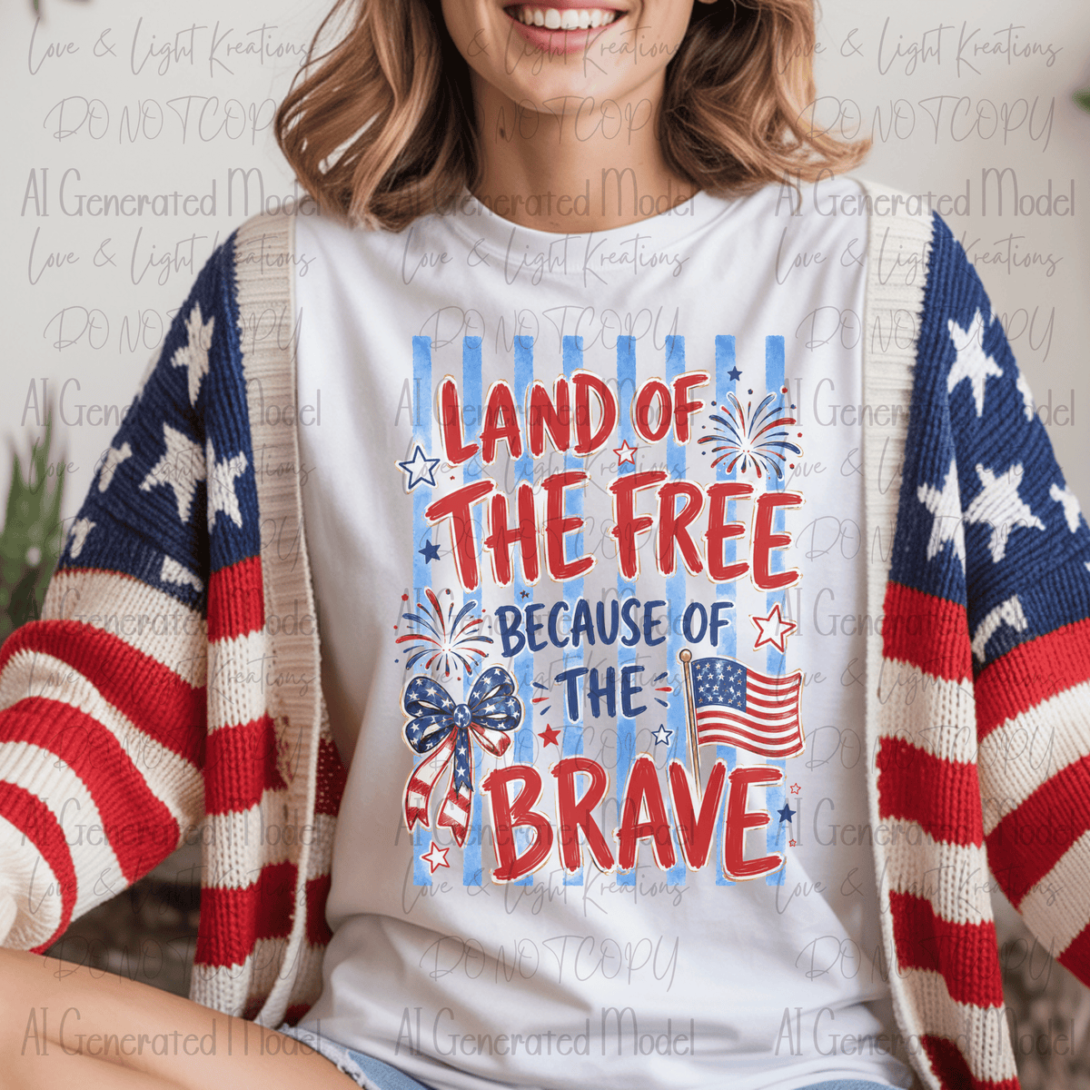 Land of the Free Because of the Brave Hand Drawn Patriotic Fireworks