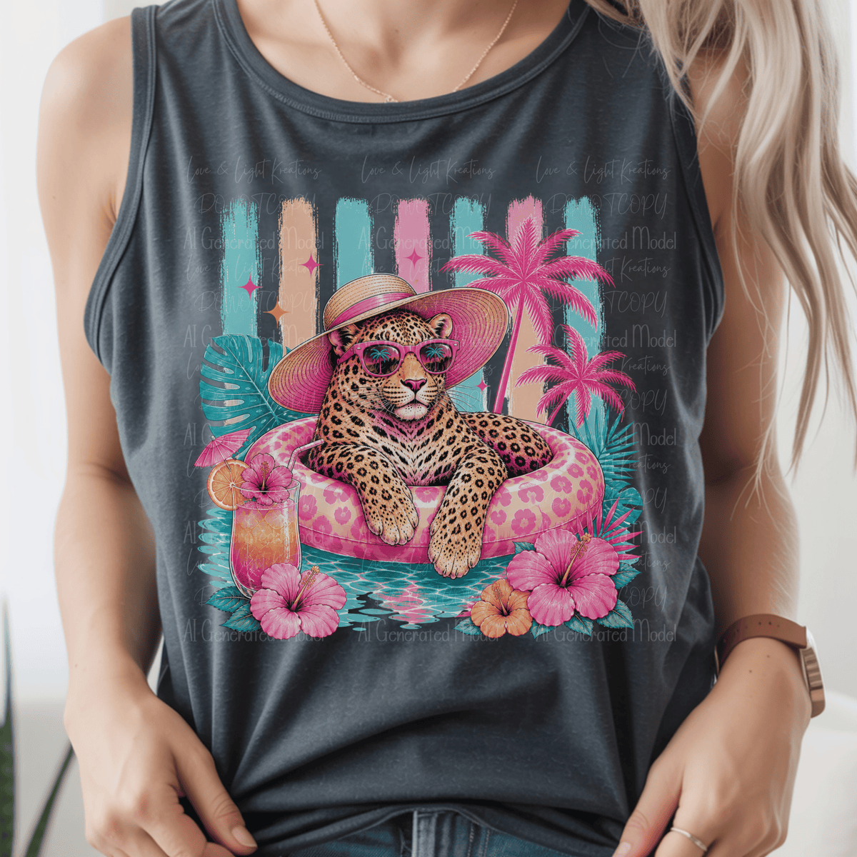 Leopard Floating in the Pool with Flower and Neon Colors