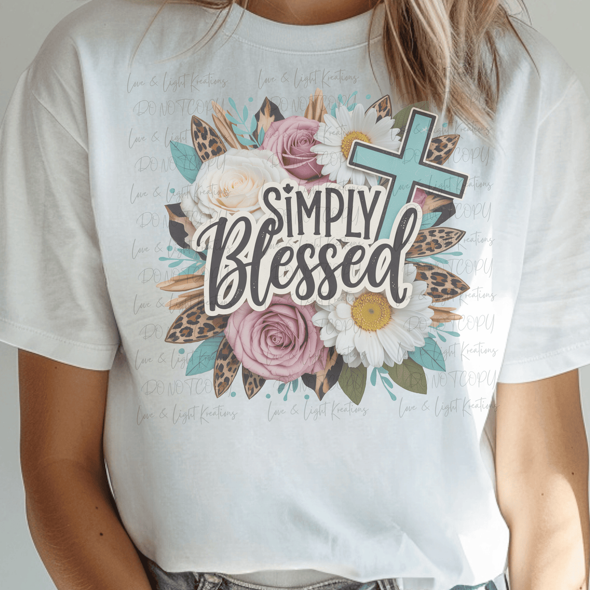 Leopard Floral Simply Blessed with Teal Cross