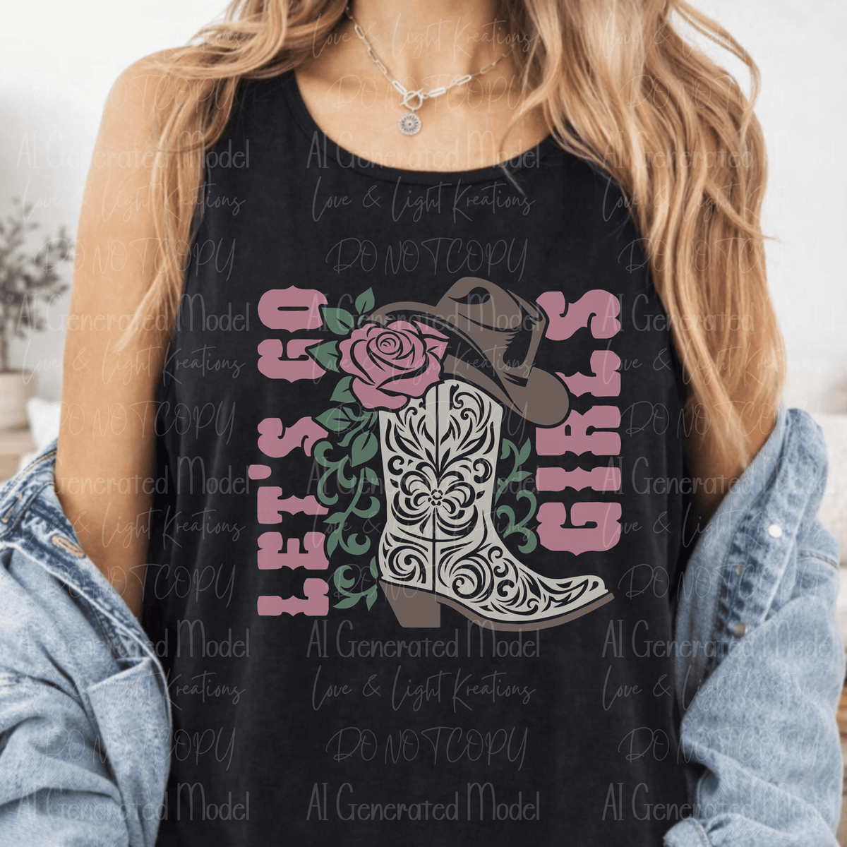 Let's Go Girl White Boot Brown Hat and Flower