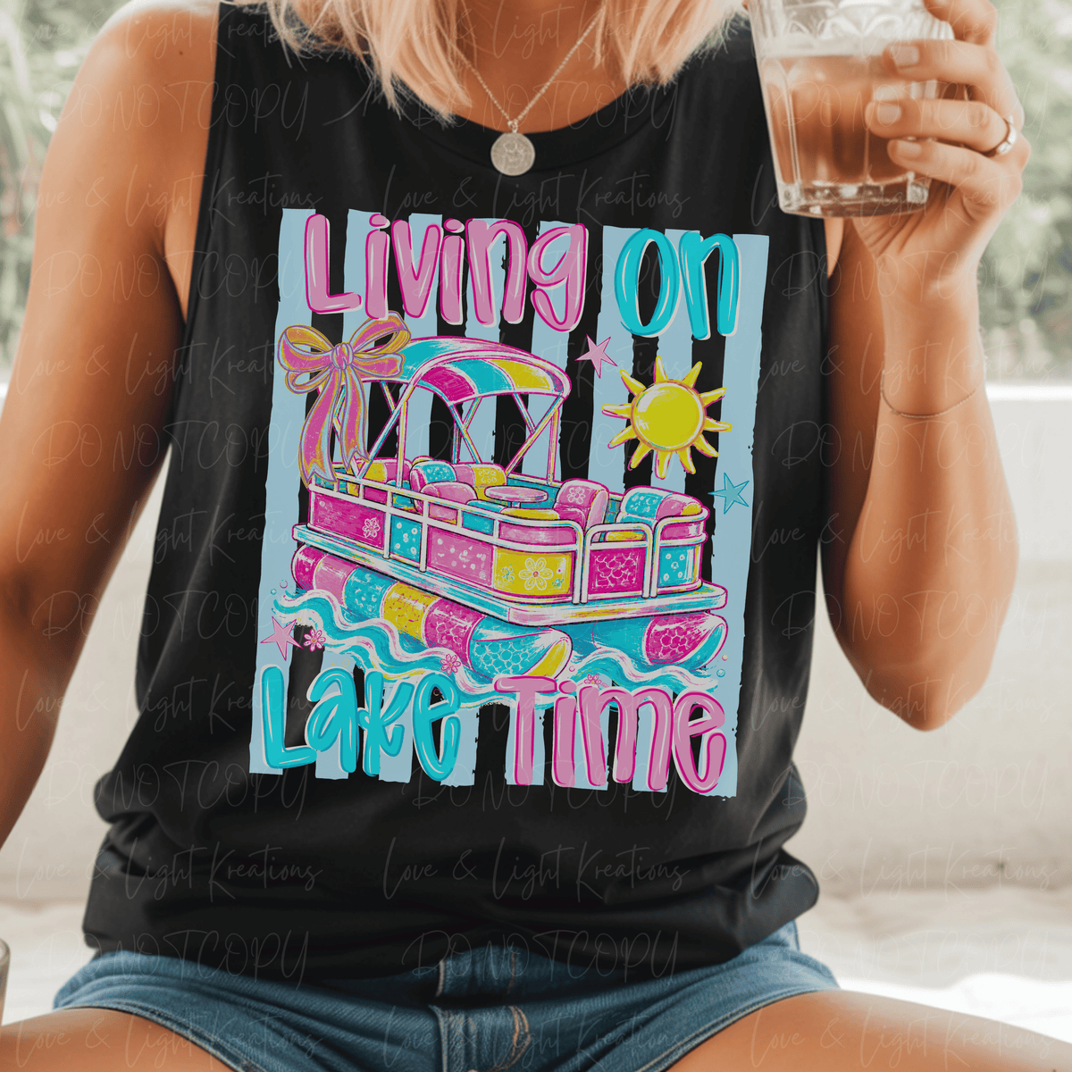 Living on Lake Time with Pontoon Boat with Bow and Blue Stripes