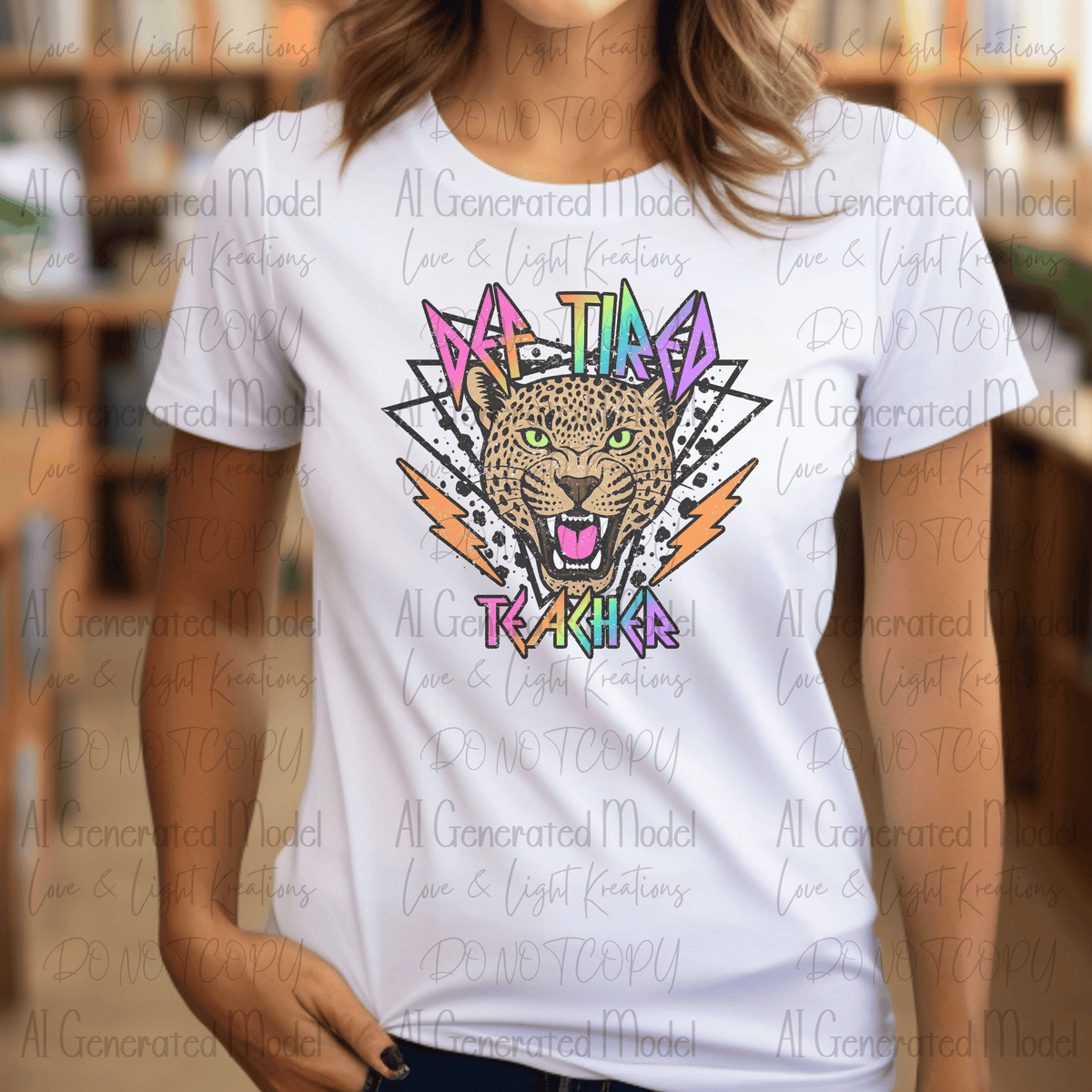 Neon Def Tired Teacher Leopard Head Rockstar