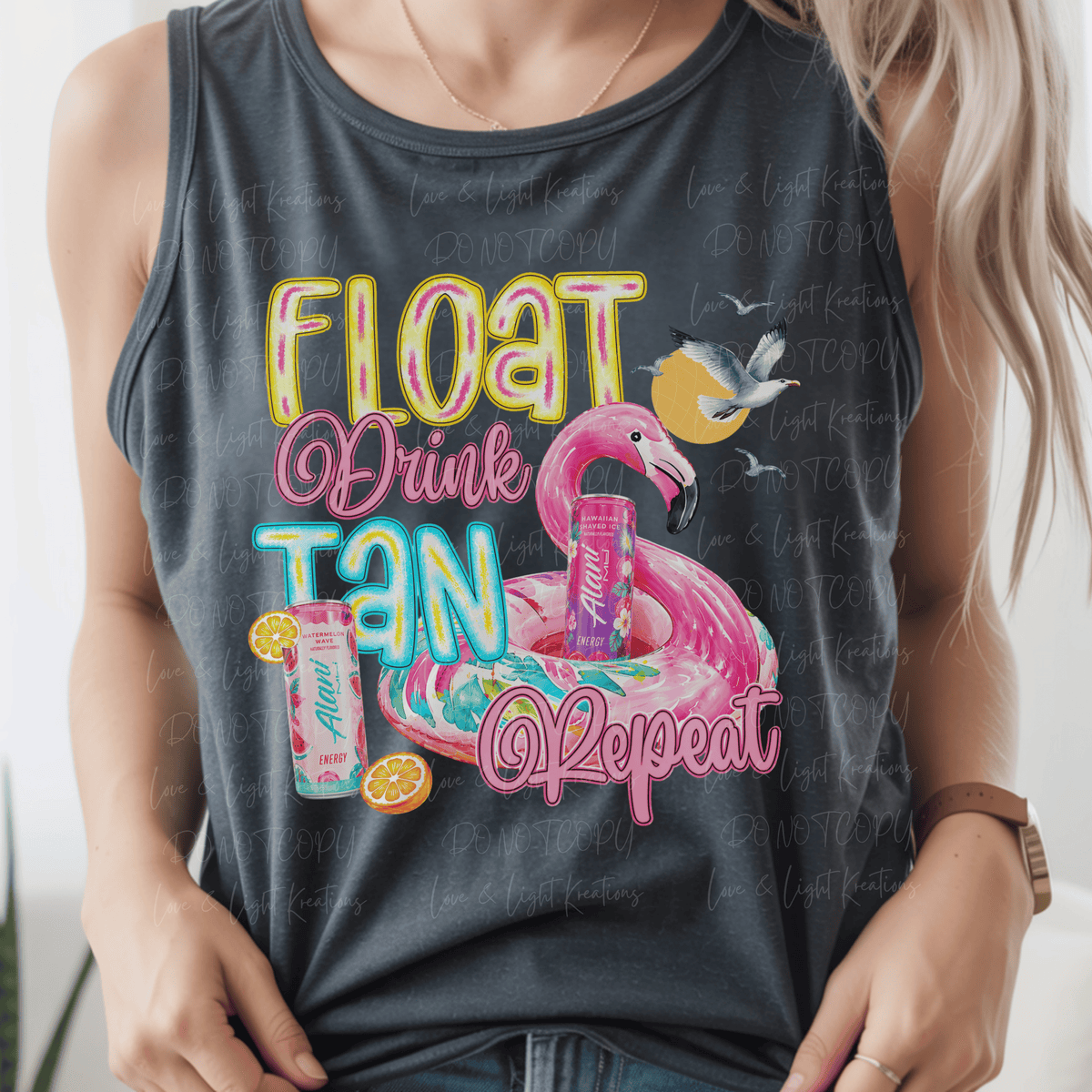 Neon Float Drink Tan with Flamingo Float and Energy Drinks