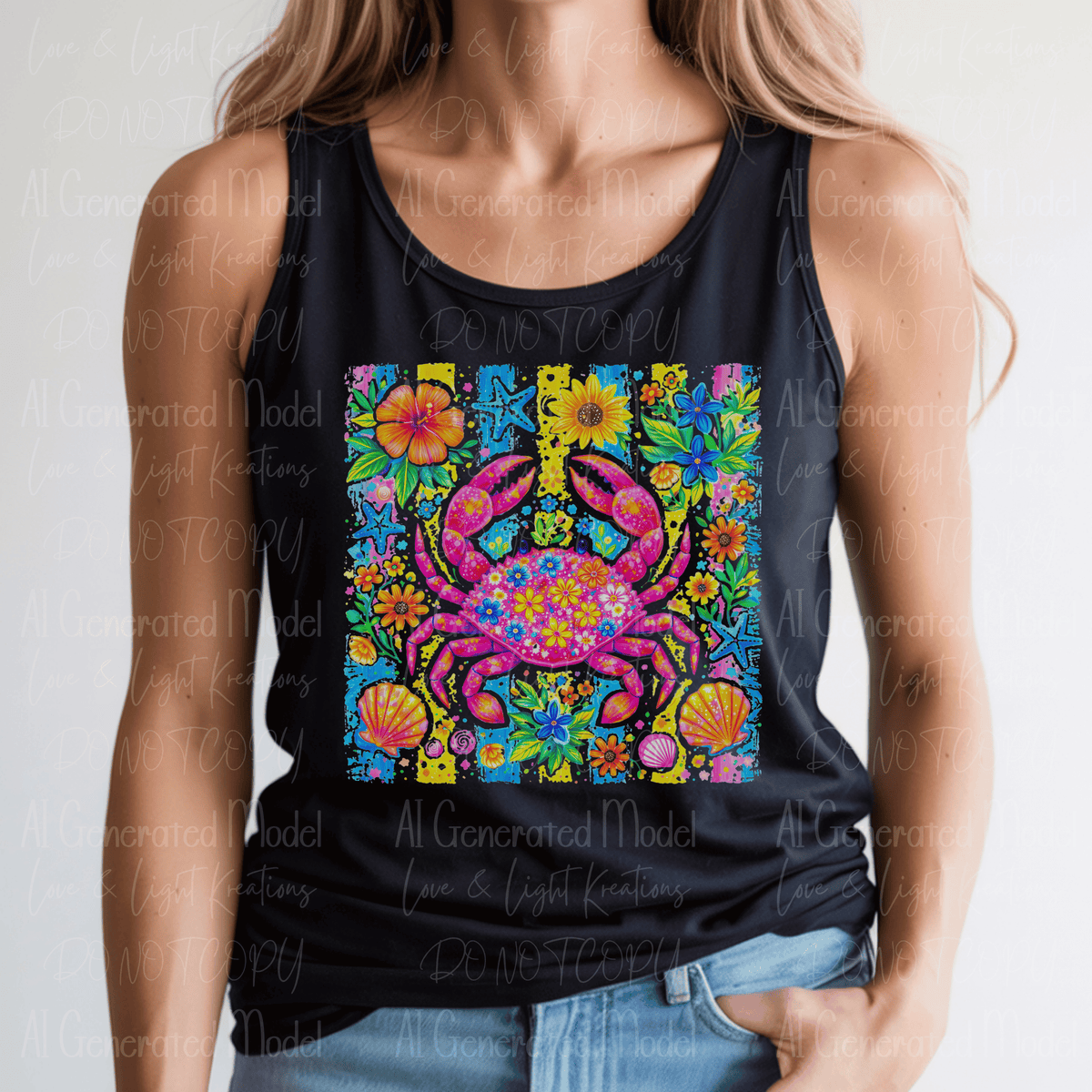 Neon Floral Crabs Seashell, Hibiscus and Thin Stripes