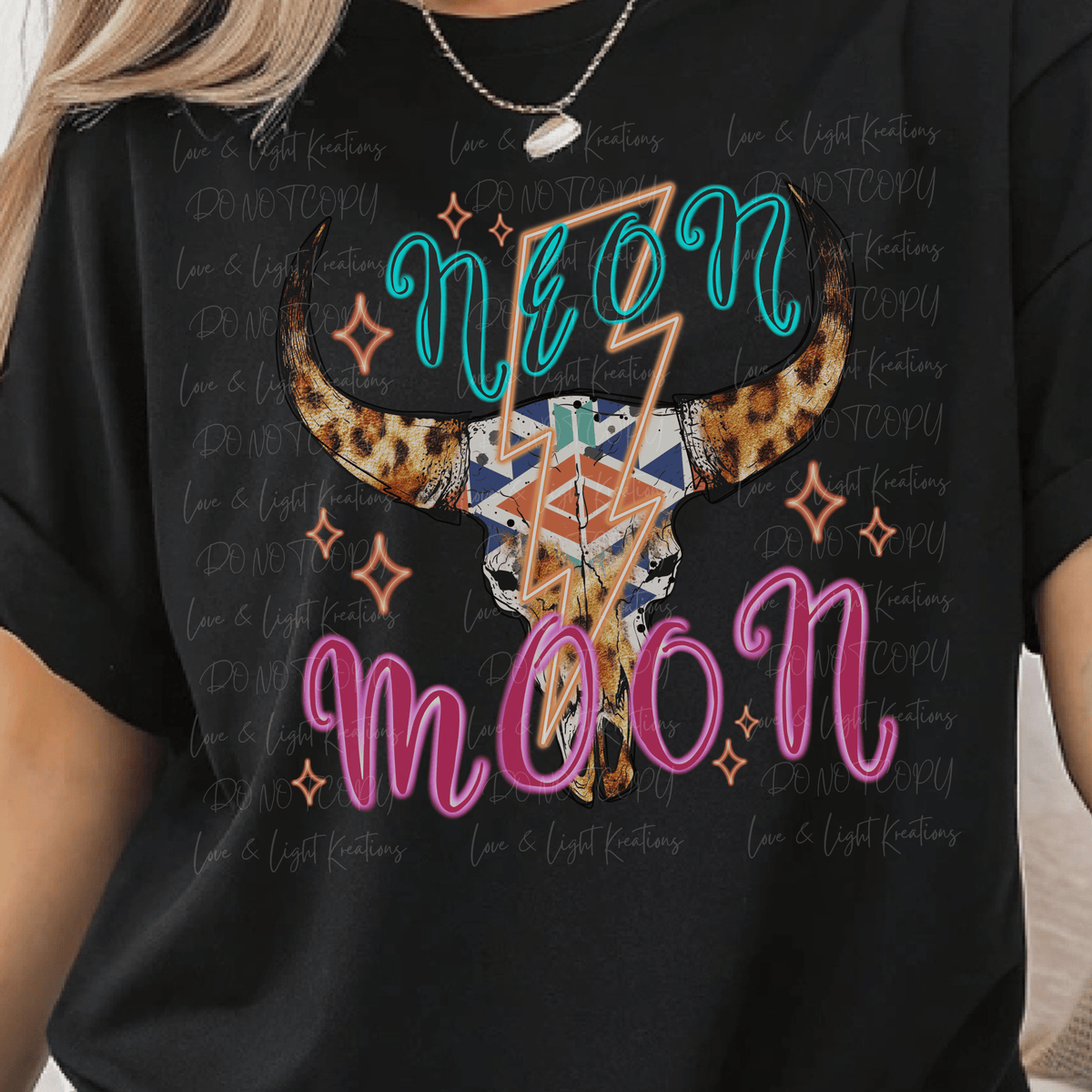 Neon Moon with Cow Skull with Patterns and Stars