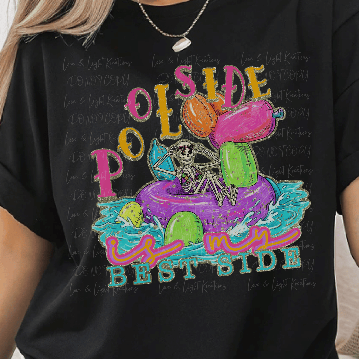 Neon Poolside is My Best Side with Faux Glitter and Floating Skeleton
