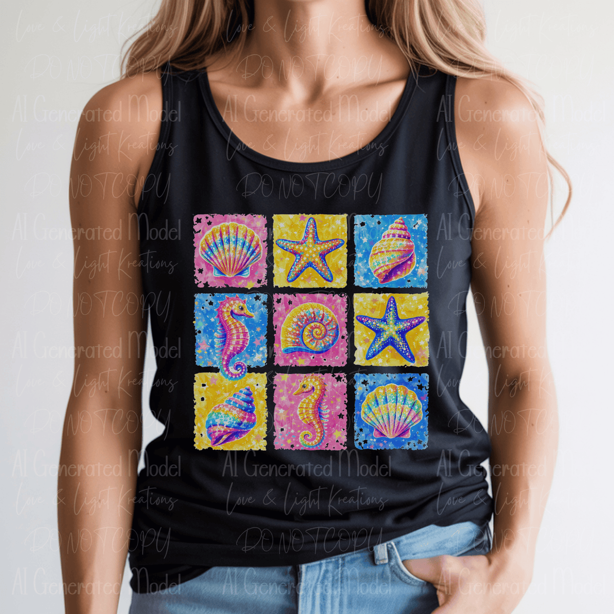 Neon Seahorse, Starfish and Seashell Grid