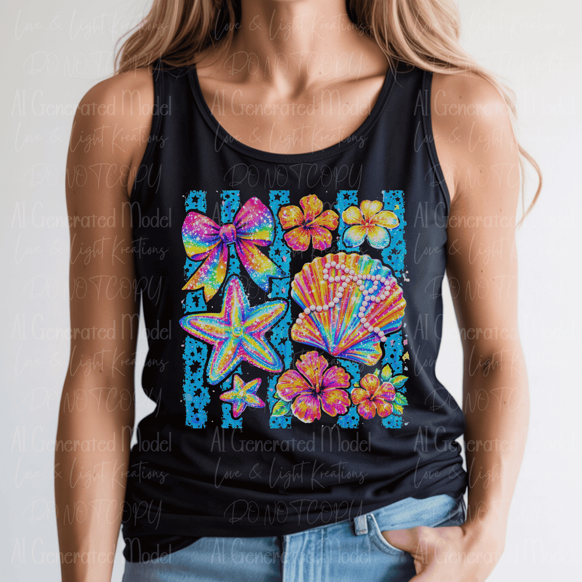 Neon Seashells, Hibiscus and Coquette Bow Blue Stripes