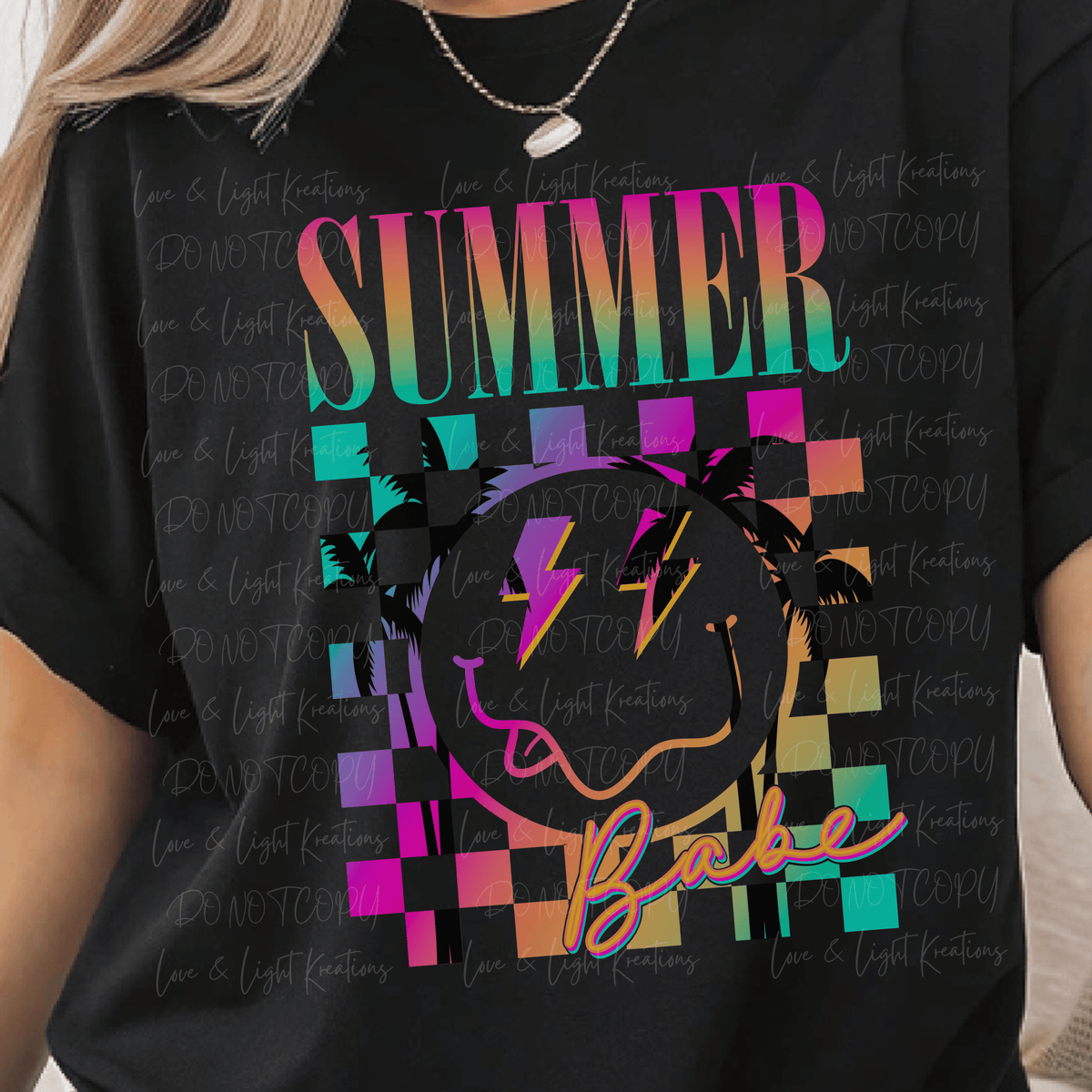 Neon Summer Babe with Lightening Bolt Eyes Smiley Color Checkered