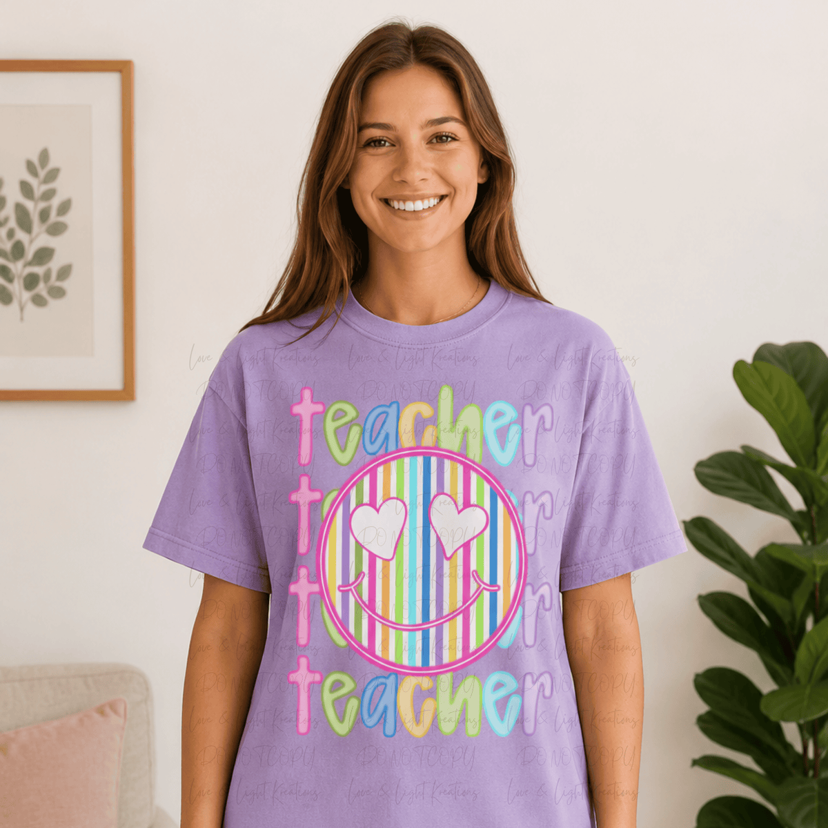 Neon Teacher Repeated with Striped Smiley Face with Heart Eyes