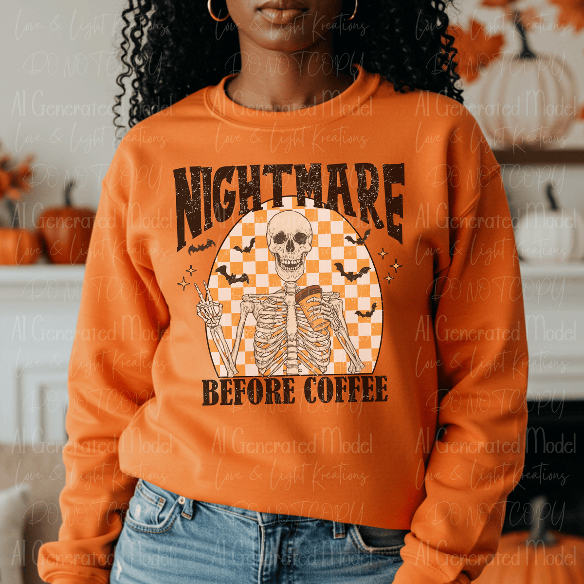 Nightmare Before Coffee Skeleton Yellow Checker Oval Distressed Letters