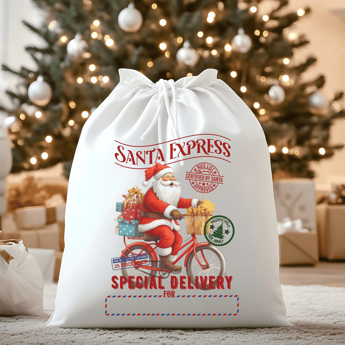 North Pole Express Red Bike Santa Santa Sack