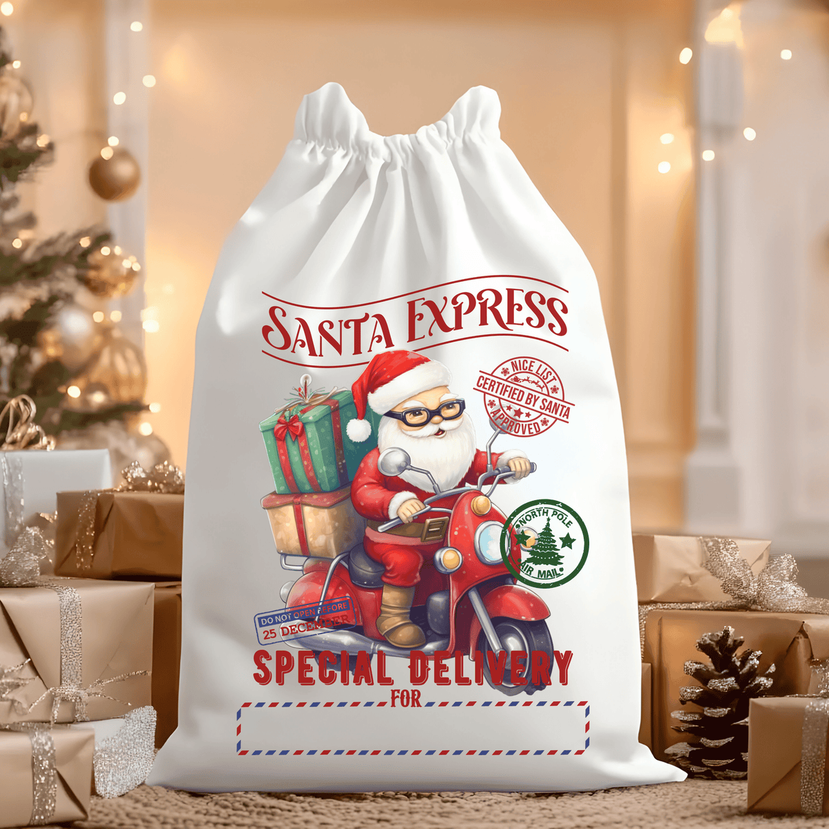 North Pole Express Red Moped Santa with Presents Santa Sack