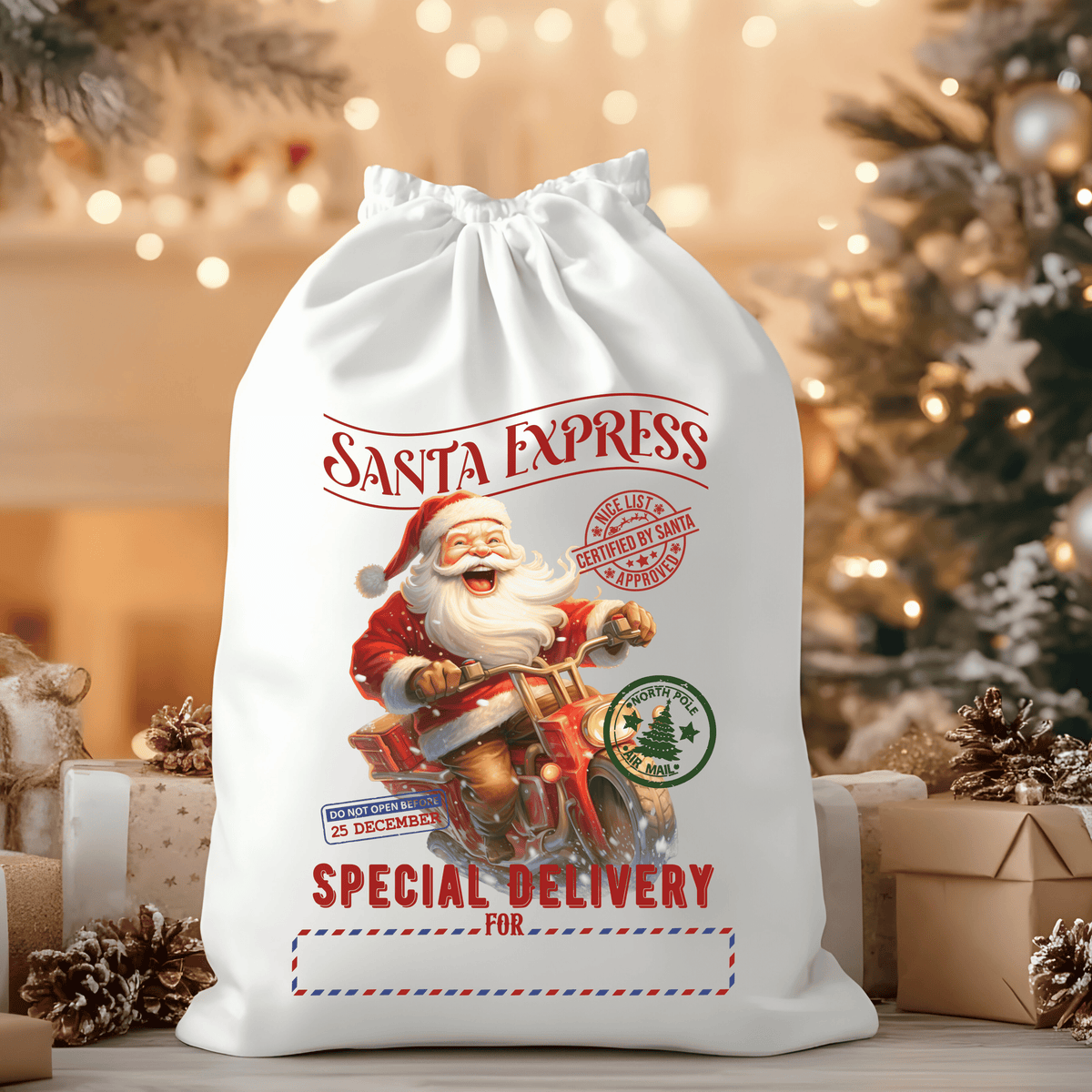 North Pole Express Red Motorcycle Laughing Santa Santa Sack