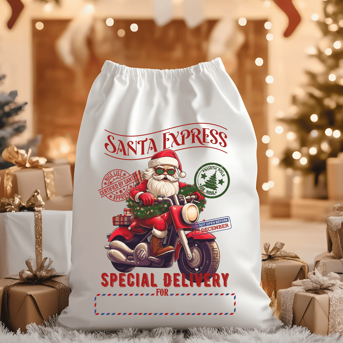 North Pole Express Red Motorcycle Santa with Green Sash Santa Sack