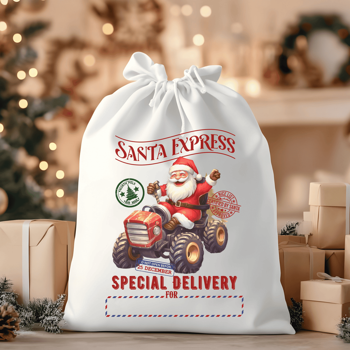 North Pole Express Red Tractor Santa Sack
