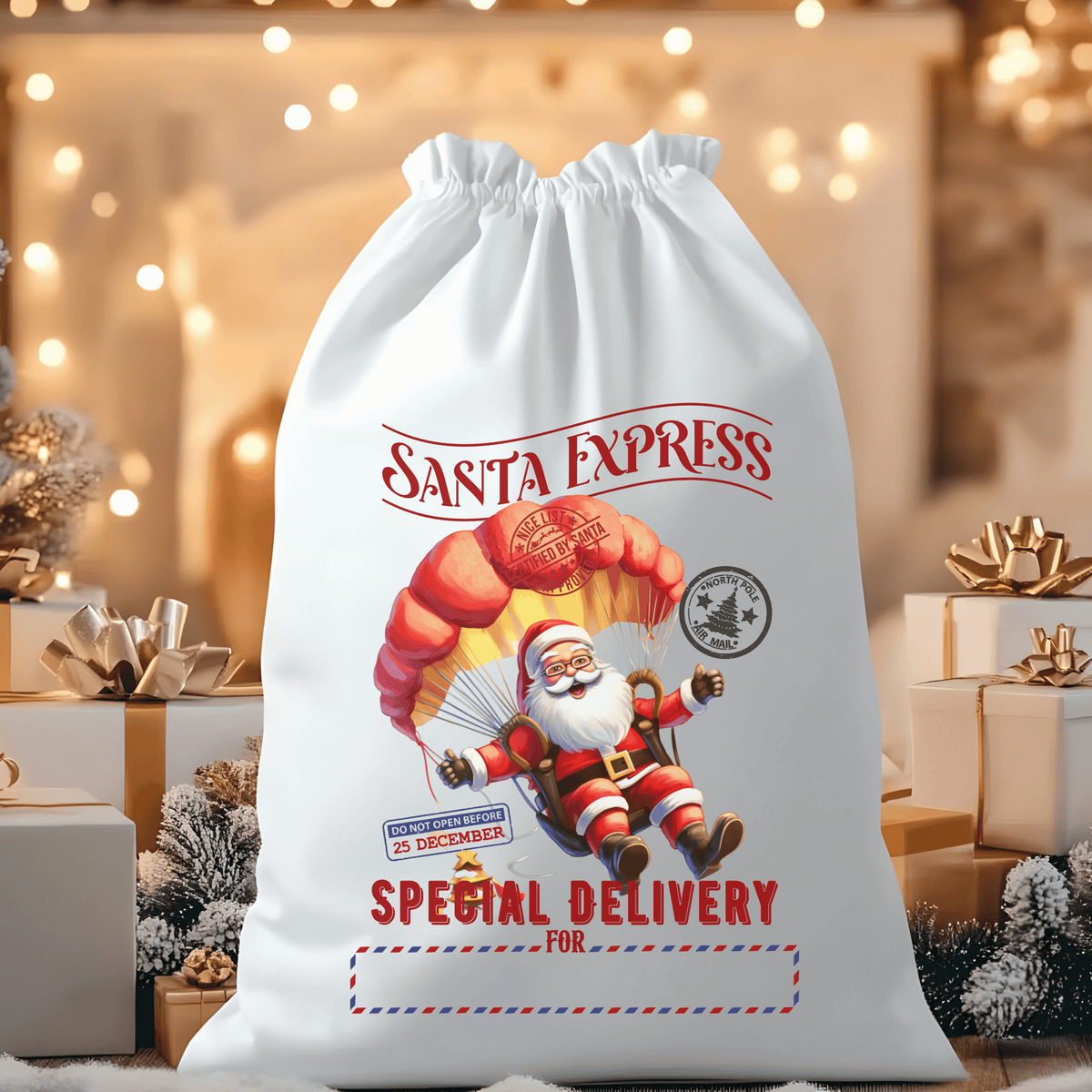 North Pole Express Santa Parachuting Red and Yellow Santa Sack