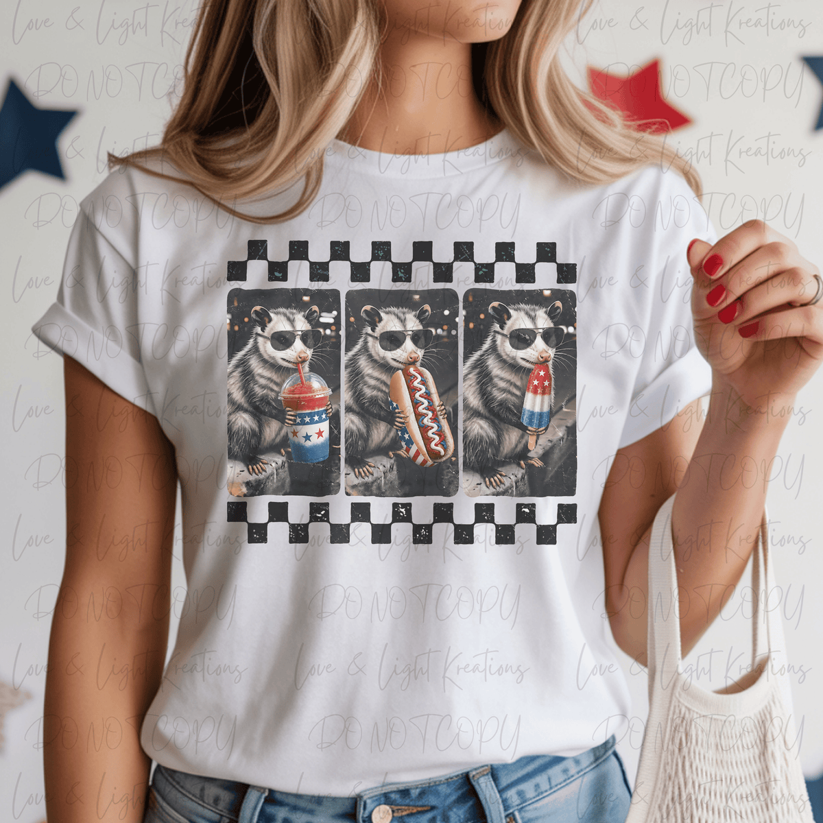 Opossum Eating and Drinking 4th of July Treats Checkered