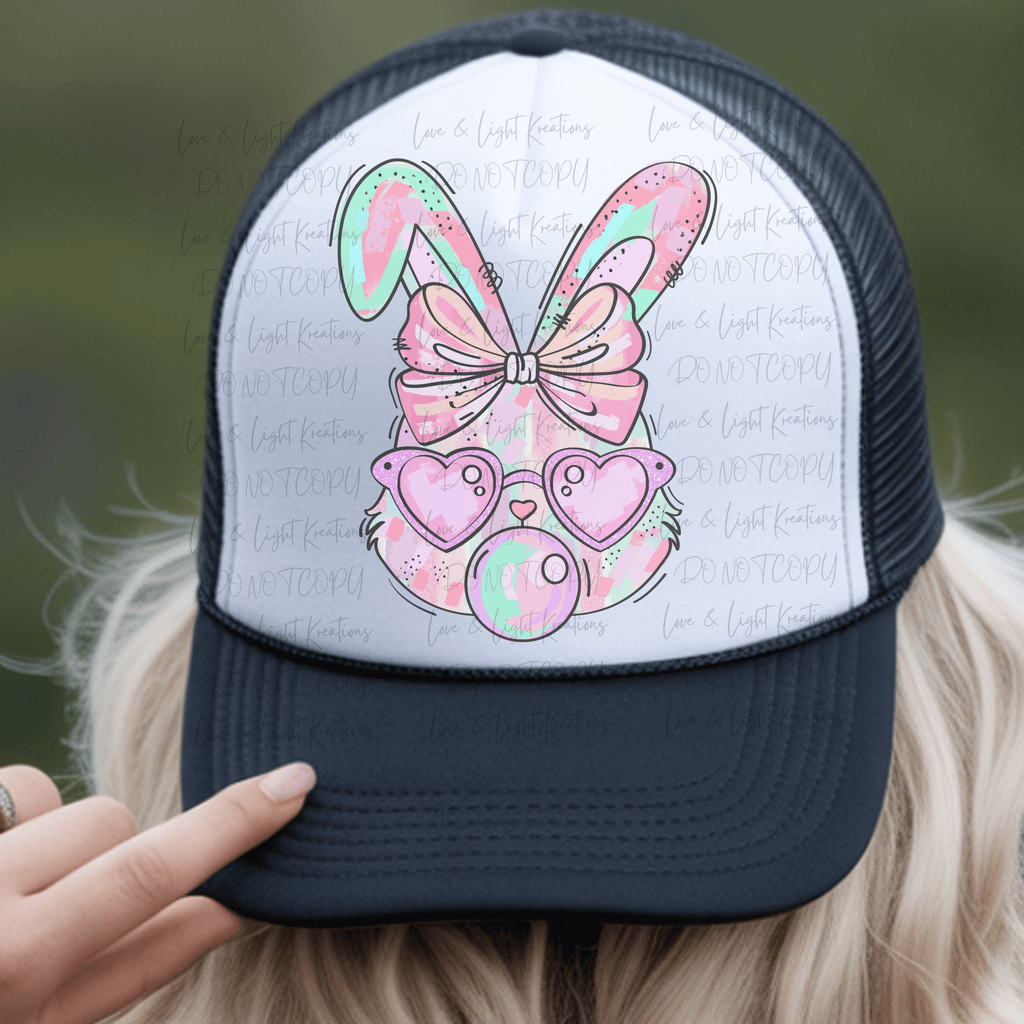 Paint Stroke Easter Bunny Head with Heart Glasses and Blowing a Bubblegum Bubble
