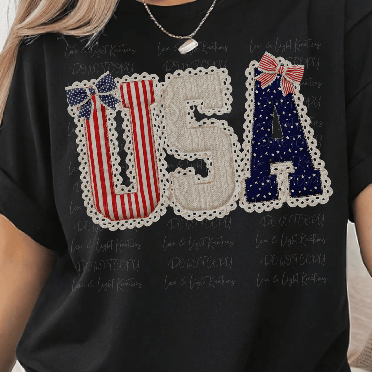 Patchwork USA with Coquette Bows and Faux Doily Outline